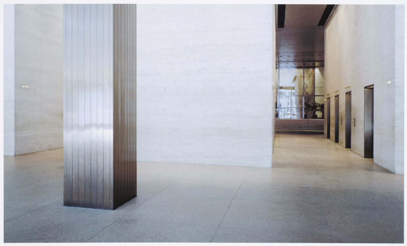 Seagram Building, New York: lobby view through the elevator core looking toward the Four Seasons Restaurant