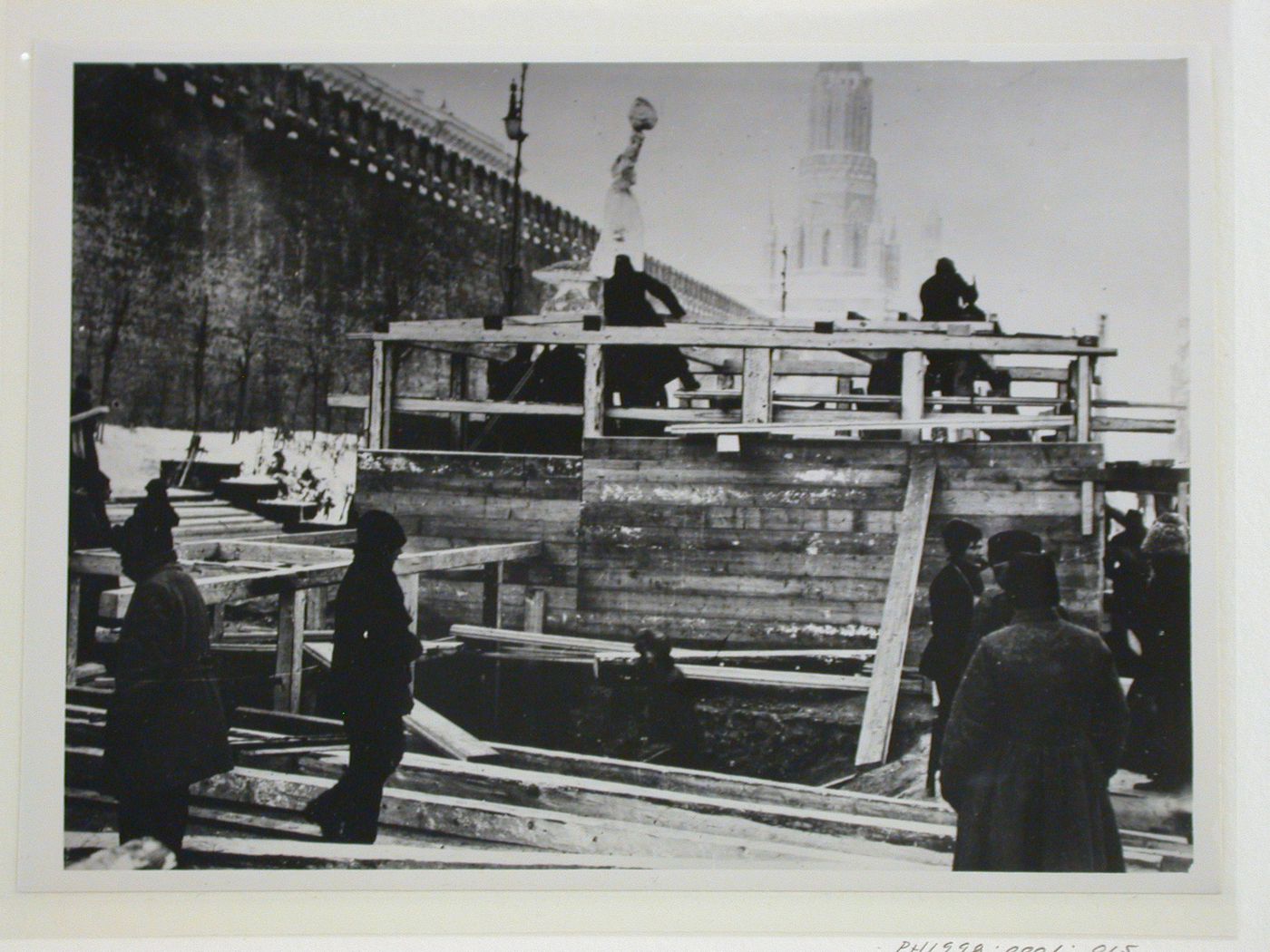 View of workers disassembling the first wooden Lenin Mausoleum, Red Square, Moscow