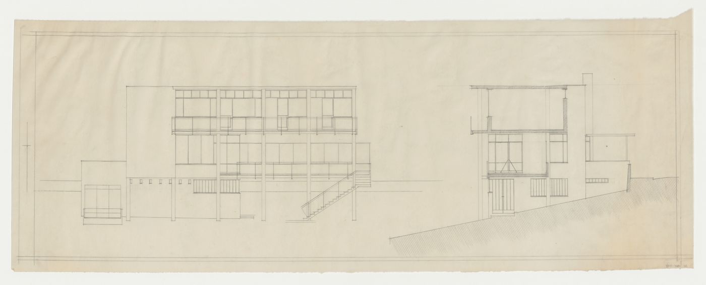 Elevation and section for Villa Palicka showing the second stage of design, Prague, Czechoslovakia (now Czech Republic)