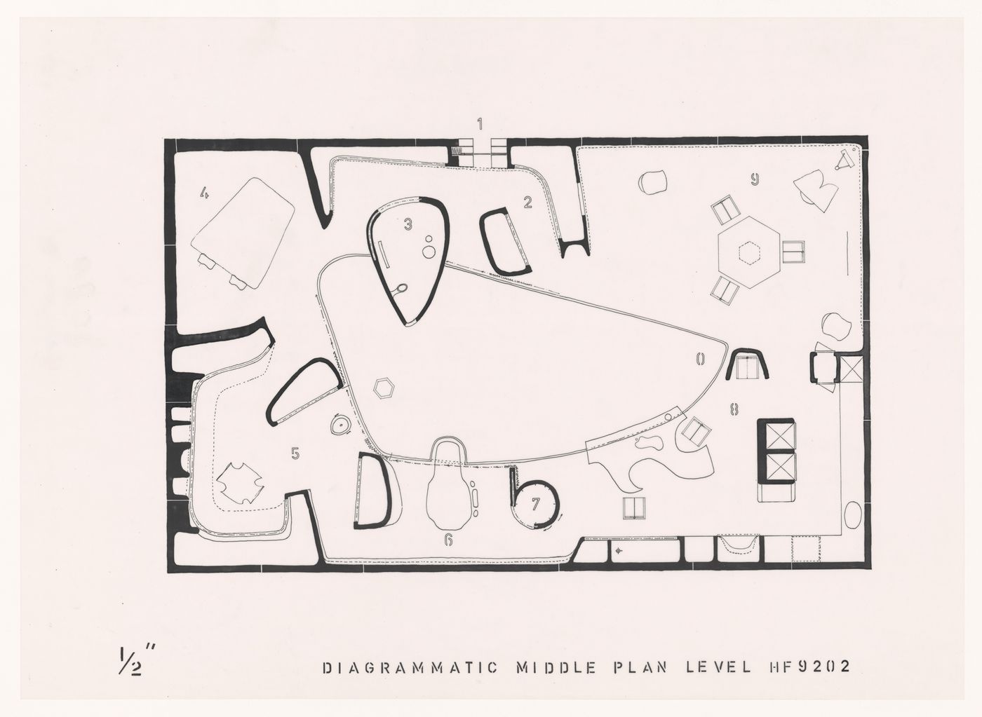 Plan for the middle level showing the furniture arrangement, House of the Future, Daily Mail Ideal Homes Exhibition, London, England