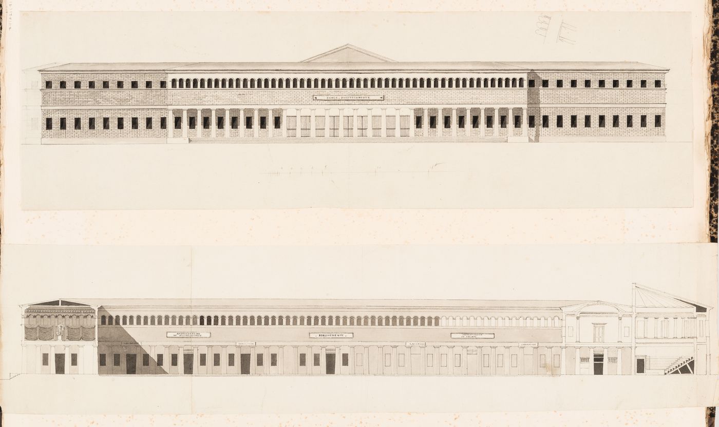 Concours d'émulation, June 1801: Partial plan for a school or college; verso: Elevation and sectional elevation for an école polytechnique