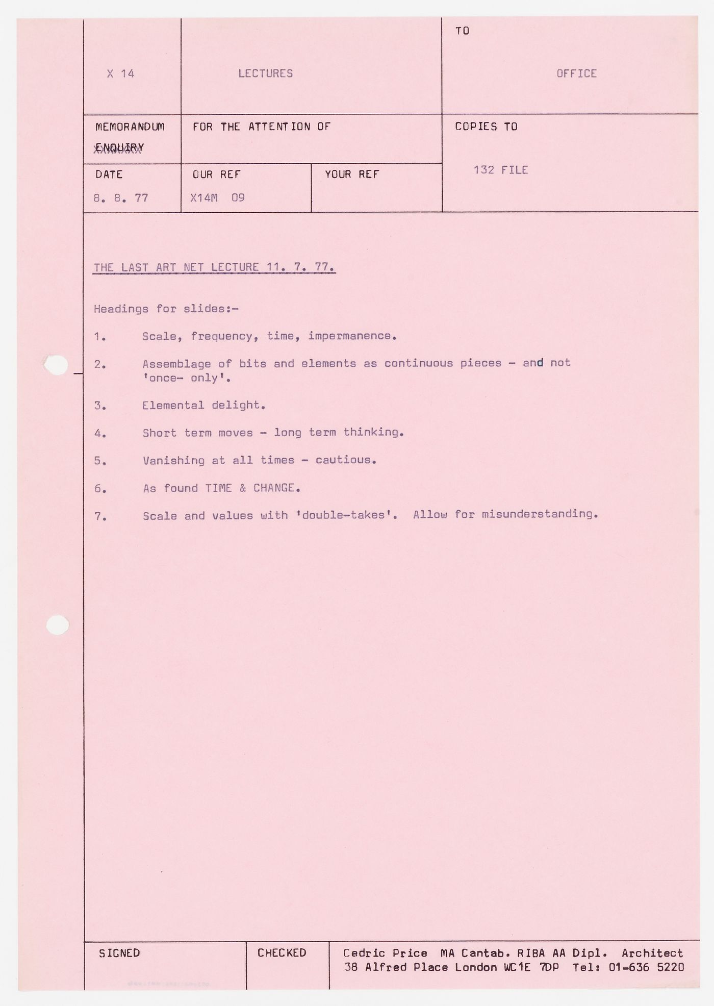 Memorandum to Office about lecture presented at Art Net, July 11, 1977