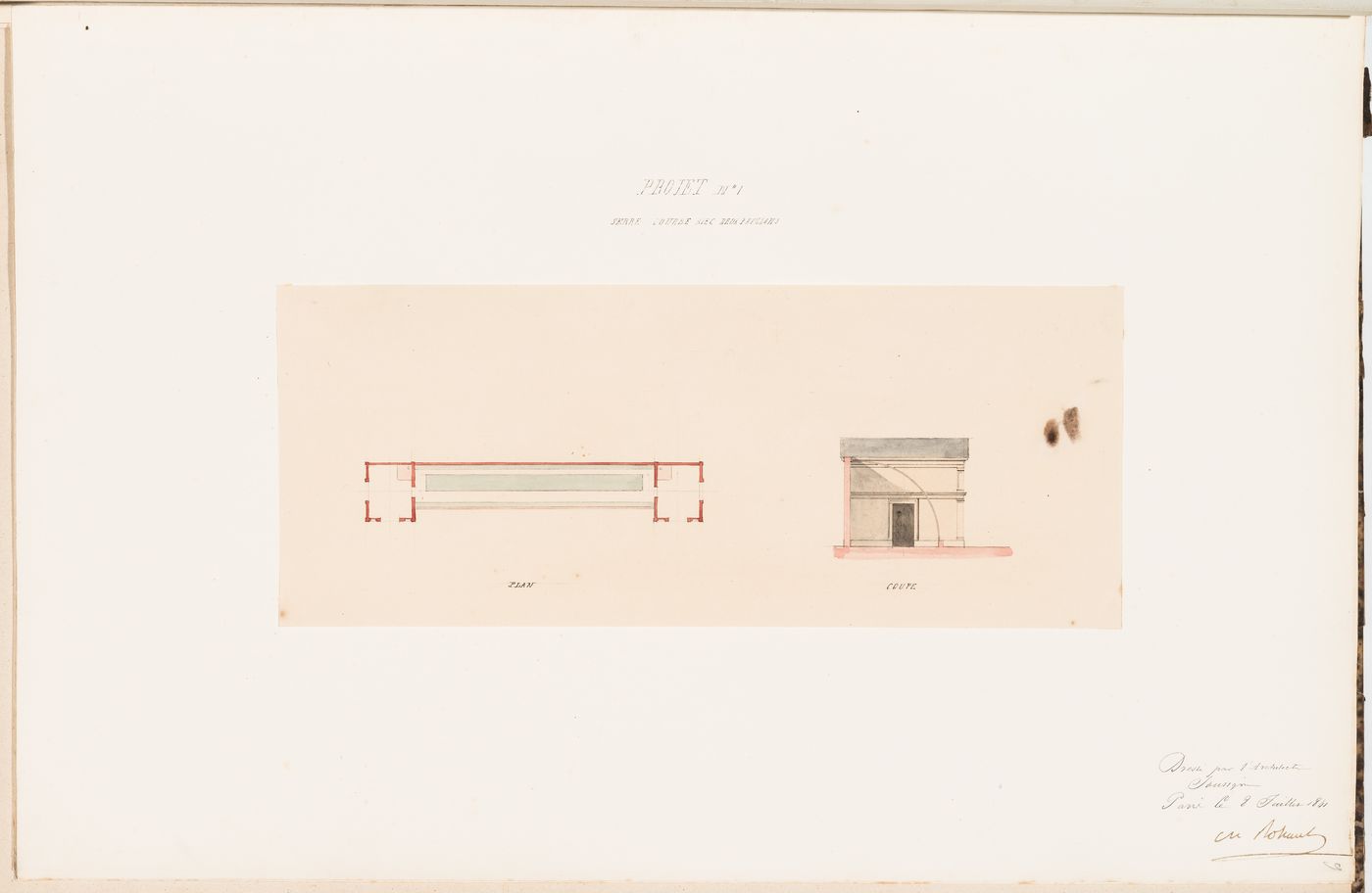 Plan and cross section for a "serre chaude" with a curved glass roof and two pavilions for Monsieur Fauquet-Lemaitre