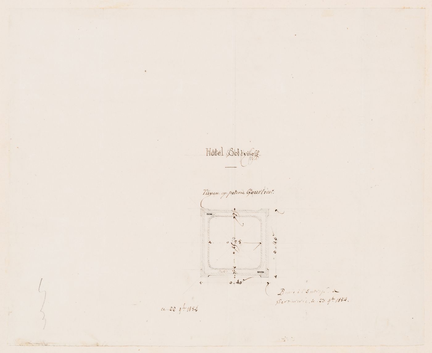 Elevations and plan for the "petit cour", showing the arrangement of the interior staircase, Hôtel Soltykoff; verso: Section for an earthenware pipe, probably for Hôtel Soltykoff