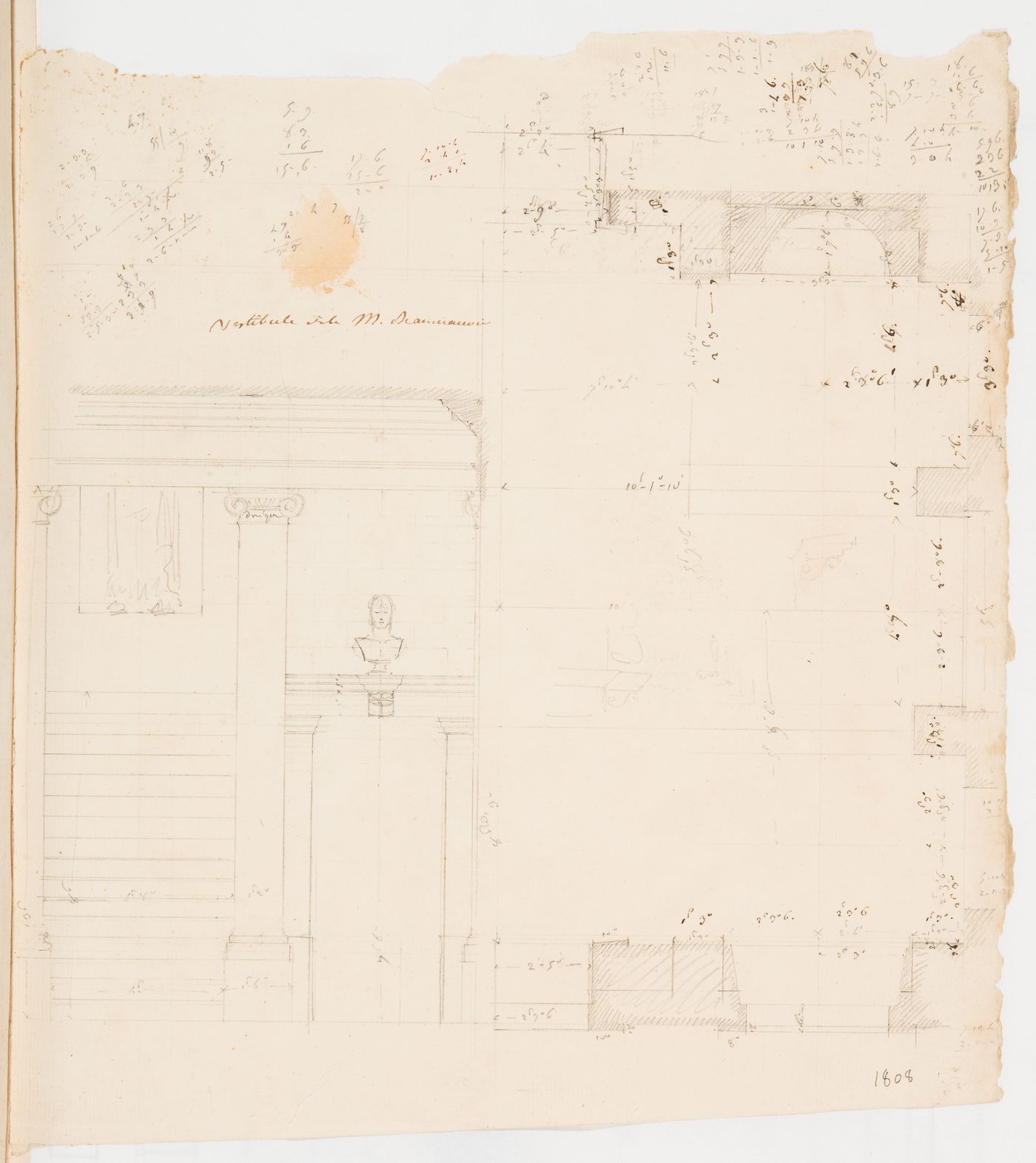 Project for a château for M. de Lorgeril, Motte Beaumanoir: Plan and elevation for the vestibule