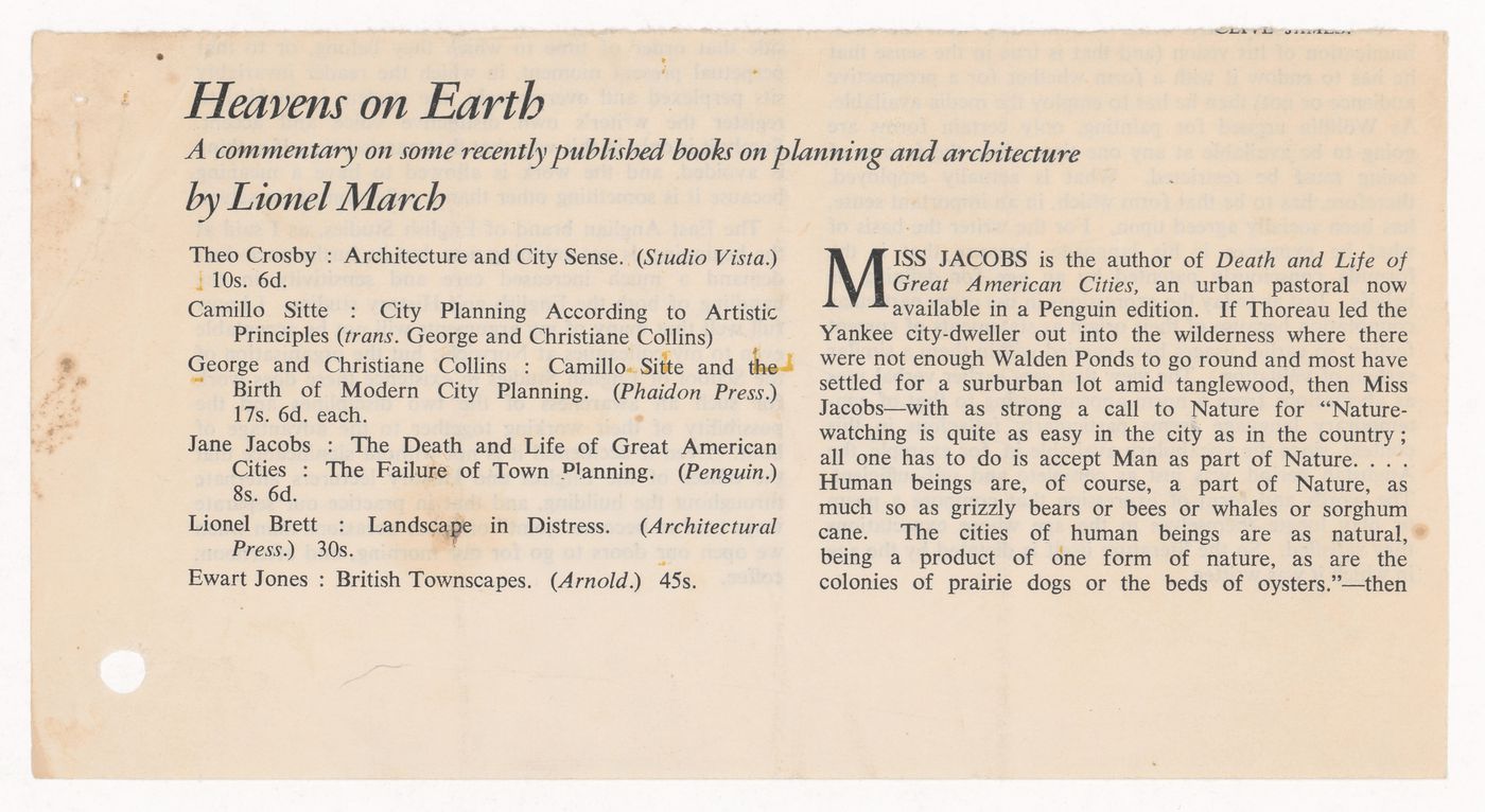 Article by Lionel March entitled Heavens on Earth: a commentary on some recently published books on planning and architecture in the Cambridge Review