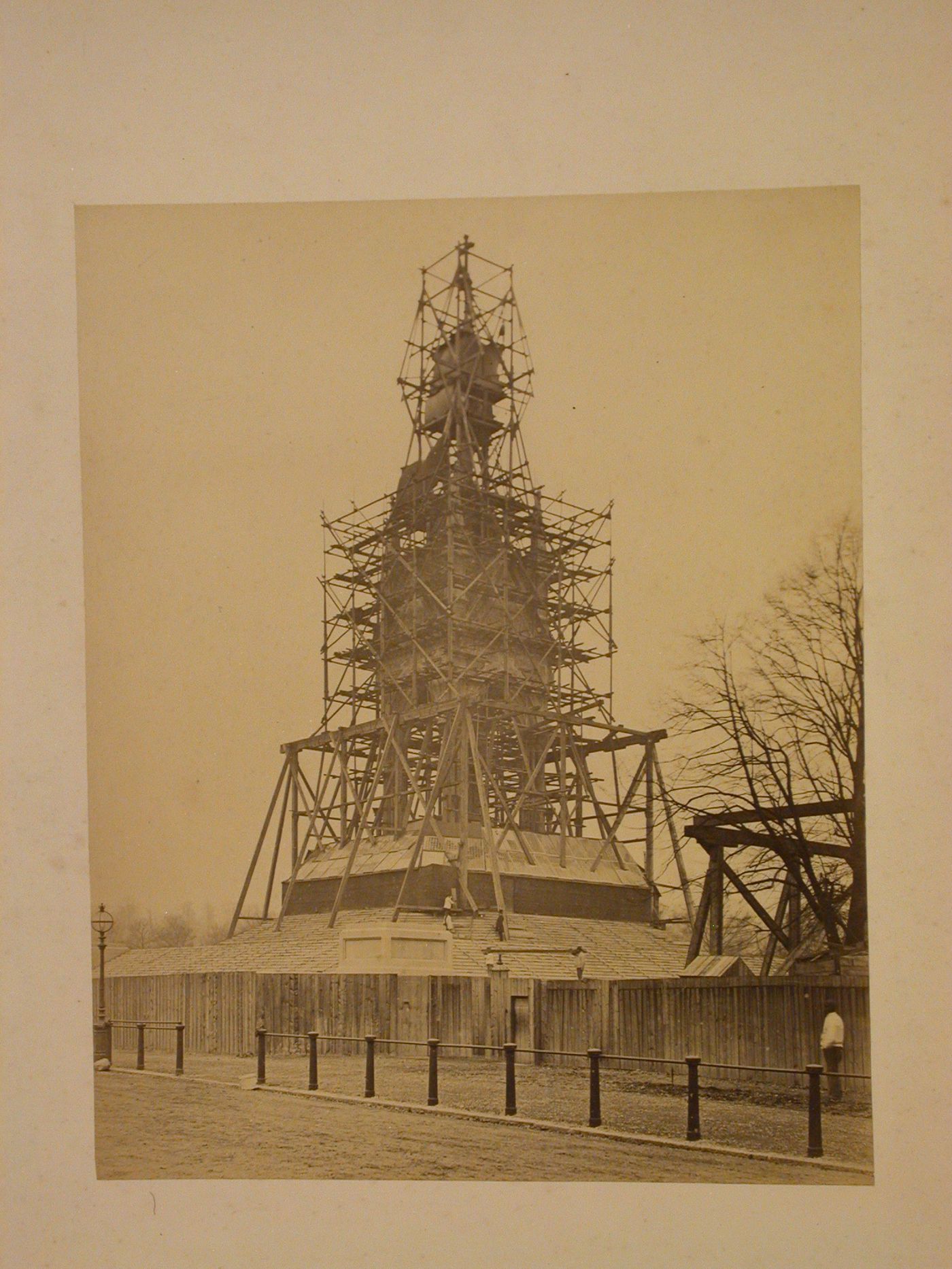 View of the Albert Memorial under construction and covered by scaffolds, Hyde Park, London, England