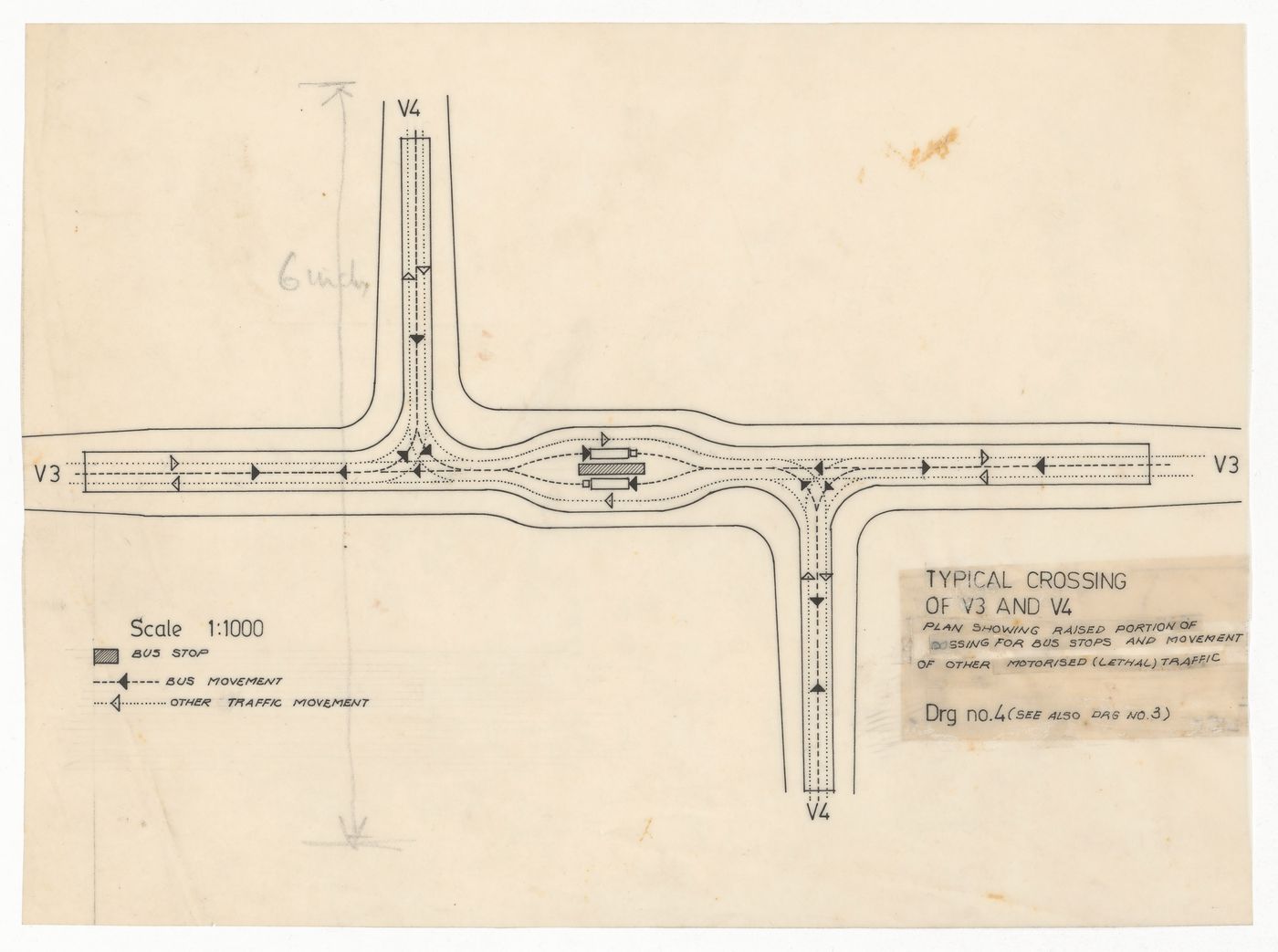 Road plan showing typical crossings of road types V3 and V4 for Linear city, Chandigarh, India
