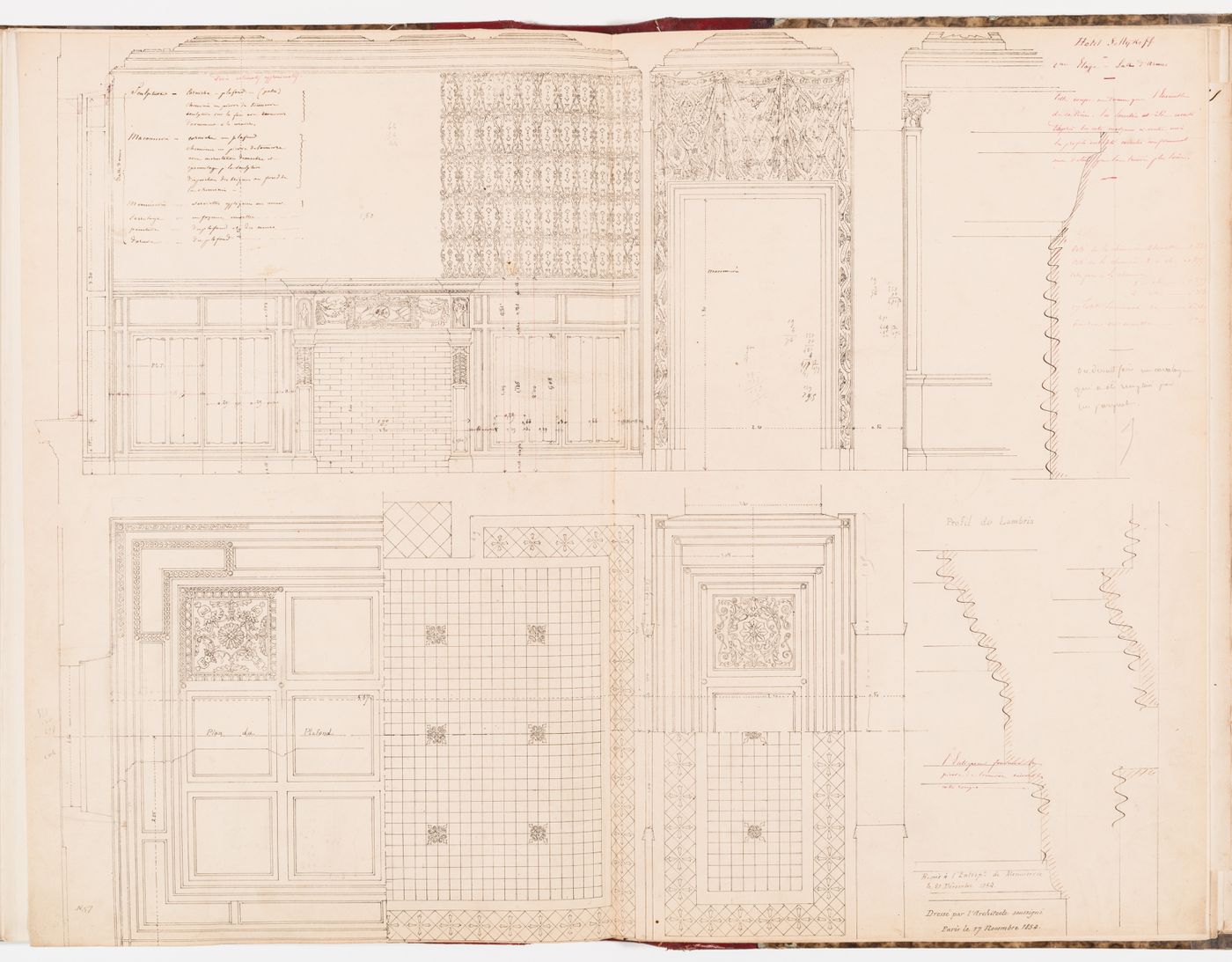 Interior elevation, reflected ceiling plan, plan for the floor tile pattern, and moulding profiles for the "salle sur la cour" or the "salle d'armes" on the second floor, Hôtel Soltykoff