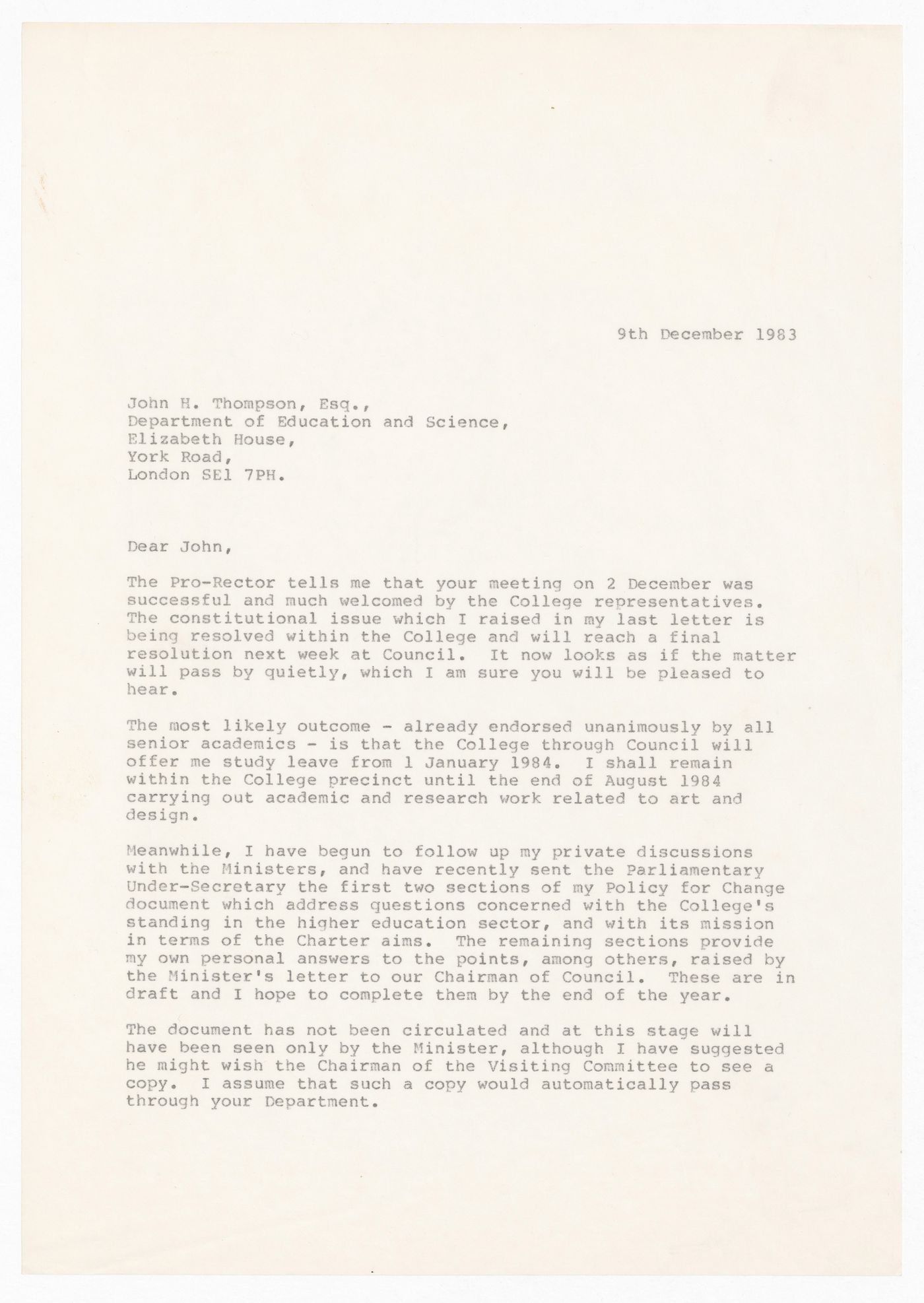 Correspondence from Lionel March to John Thompson regarding resignation from the Royal College of Art, London