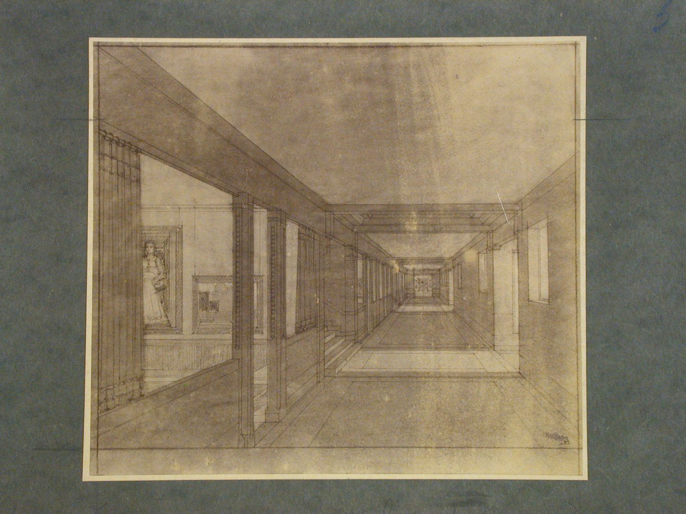 Photograph of a rendering for a corridor and exhibition rooms of the Gemeente Museum [Public Museum], Stadhouderslaan 41, The Hague, Netherlands