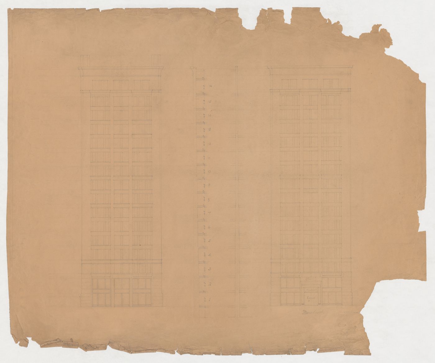 Monadnock Building, Chicago: Side elevations and wall section for the sixteen-storey steel frame project