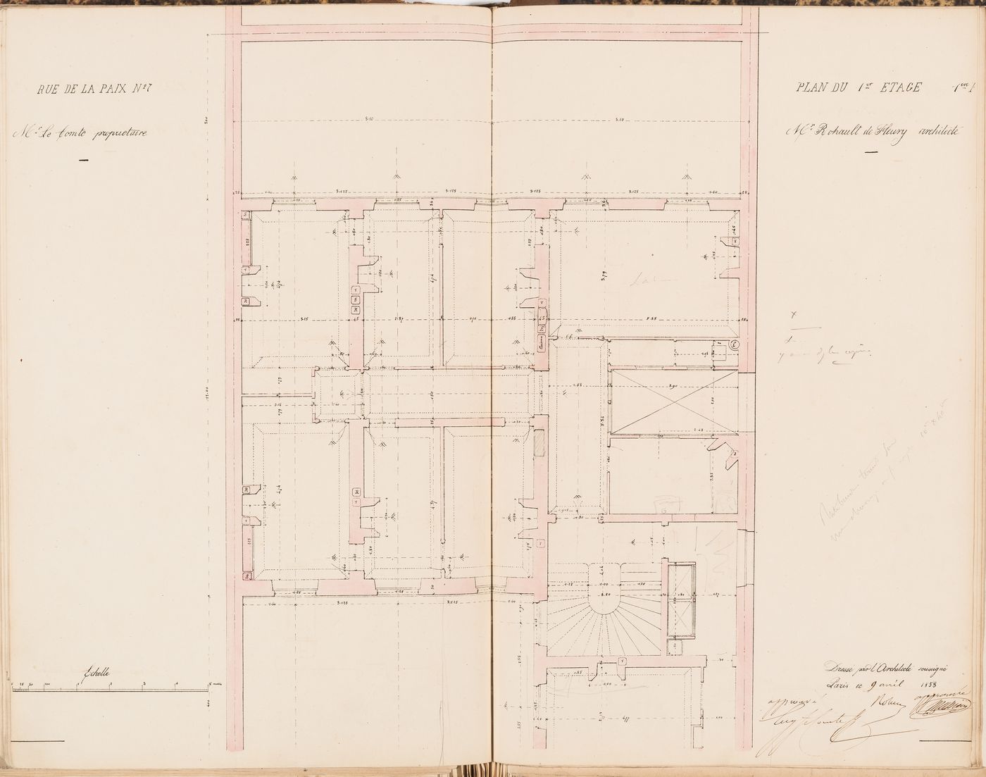Contract drawing for the Hôtel du Timbre for Monsieur Le Comte, 7 rue de la Paix, Paris: First floor plan for the "2e appartement"