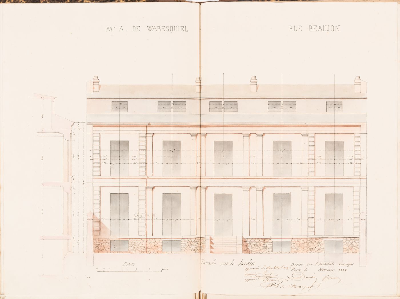 Contract drawing for a house for Monsieur A. Waresquiel, rue Beaujon, Paris: Elevation for the garden façade