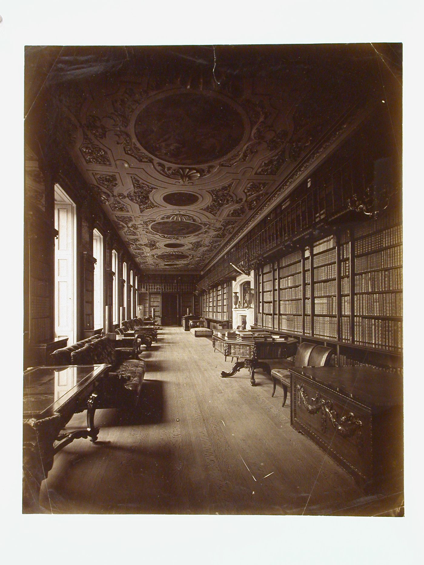 Interior view of the library of Chatsworth House, Derbyshire, England