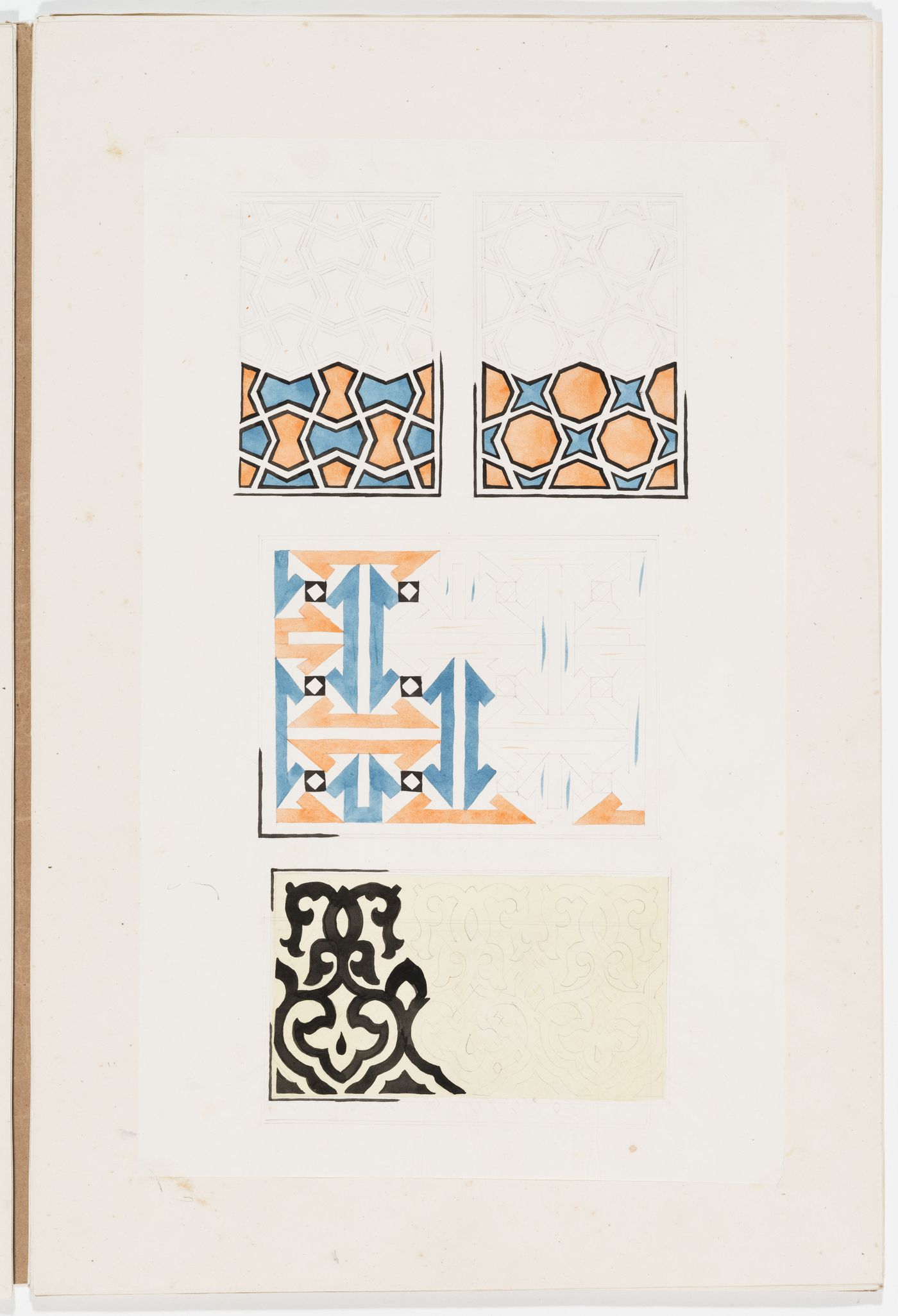 Ornament drawing of three panels decorated with interlocking geometric shapes and a panel decorated with foliage