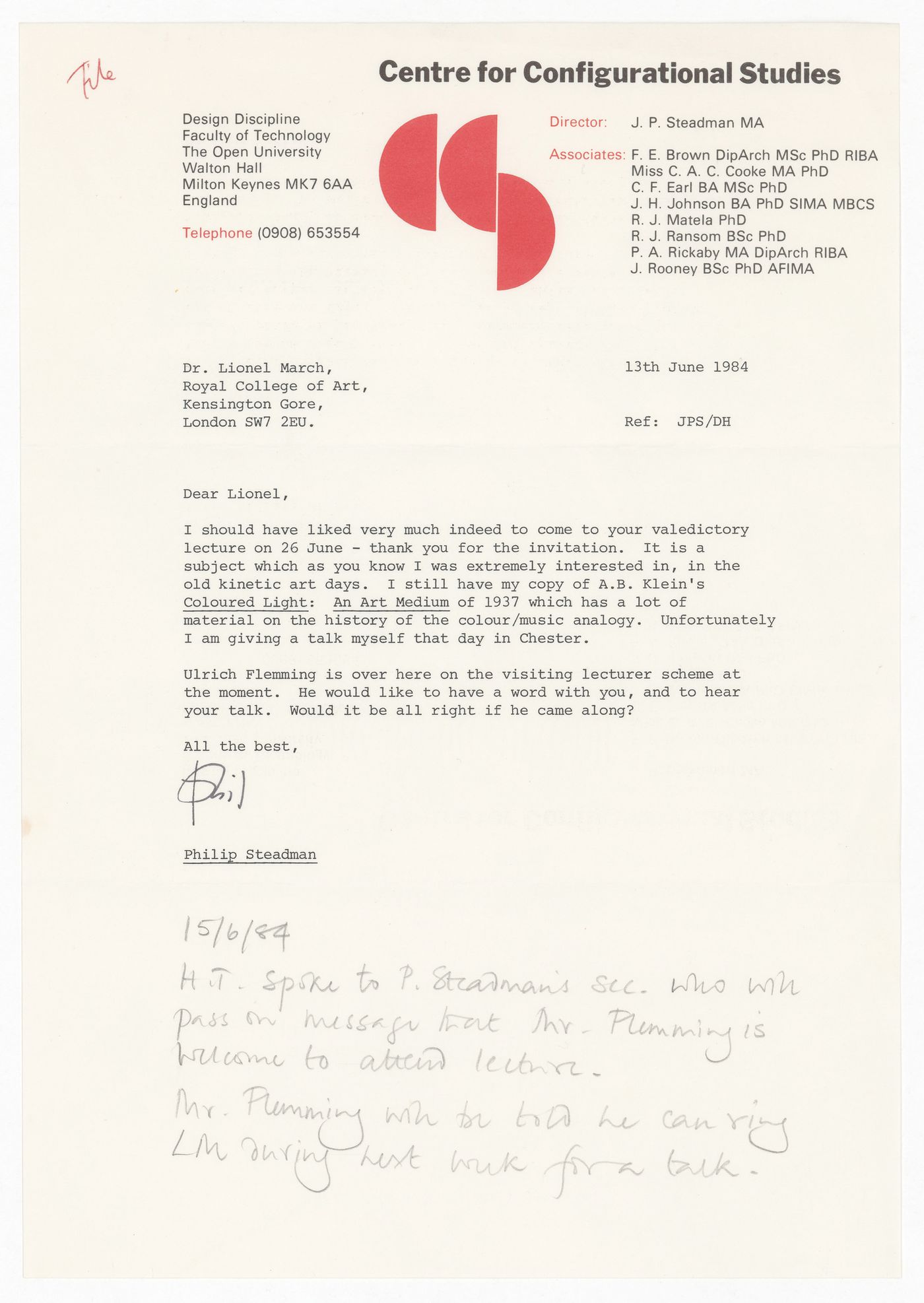 Letter from Philip Steadman to Lionel March