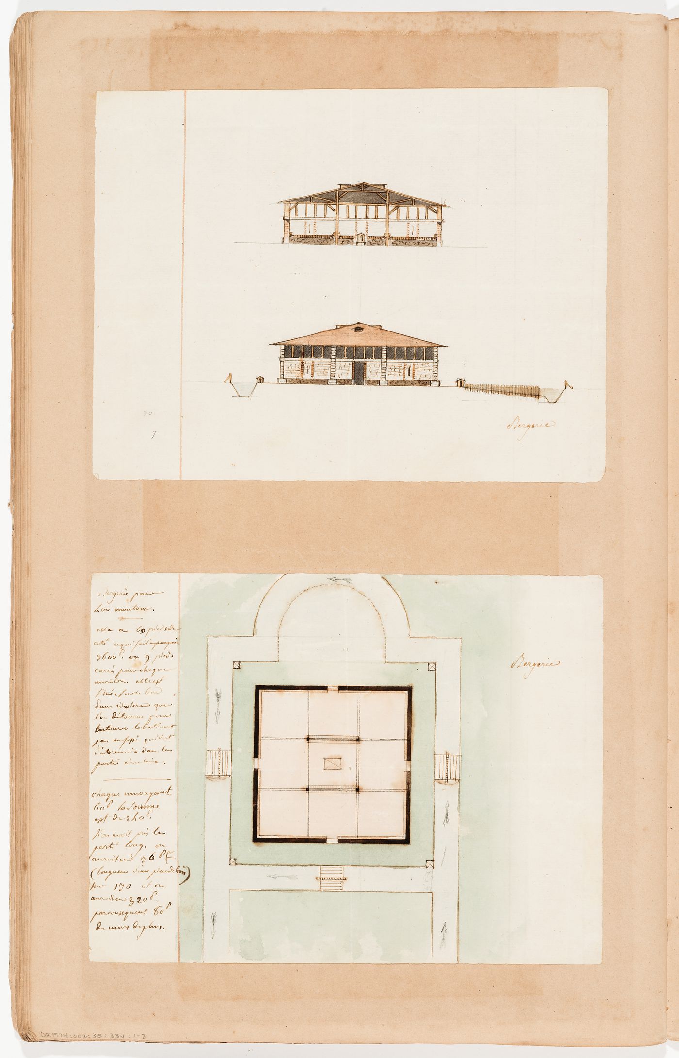 Elevation of a gallery, Jardin de Frascati, and a detail of a pilaster capital; verso: Section, elevation and plan for a sheepfold