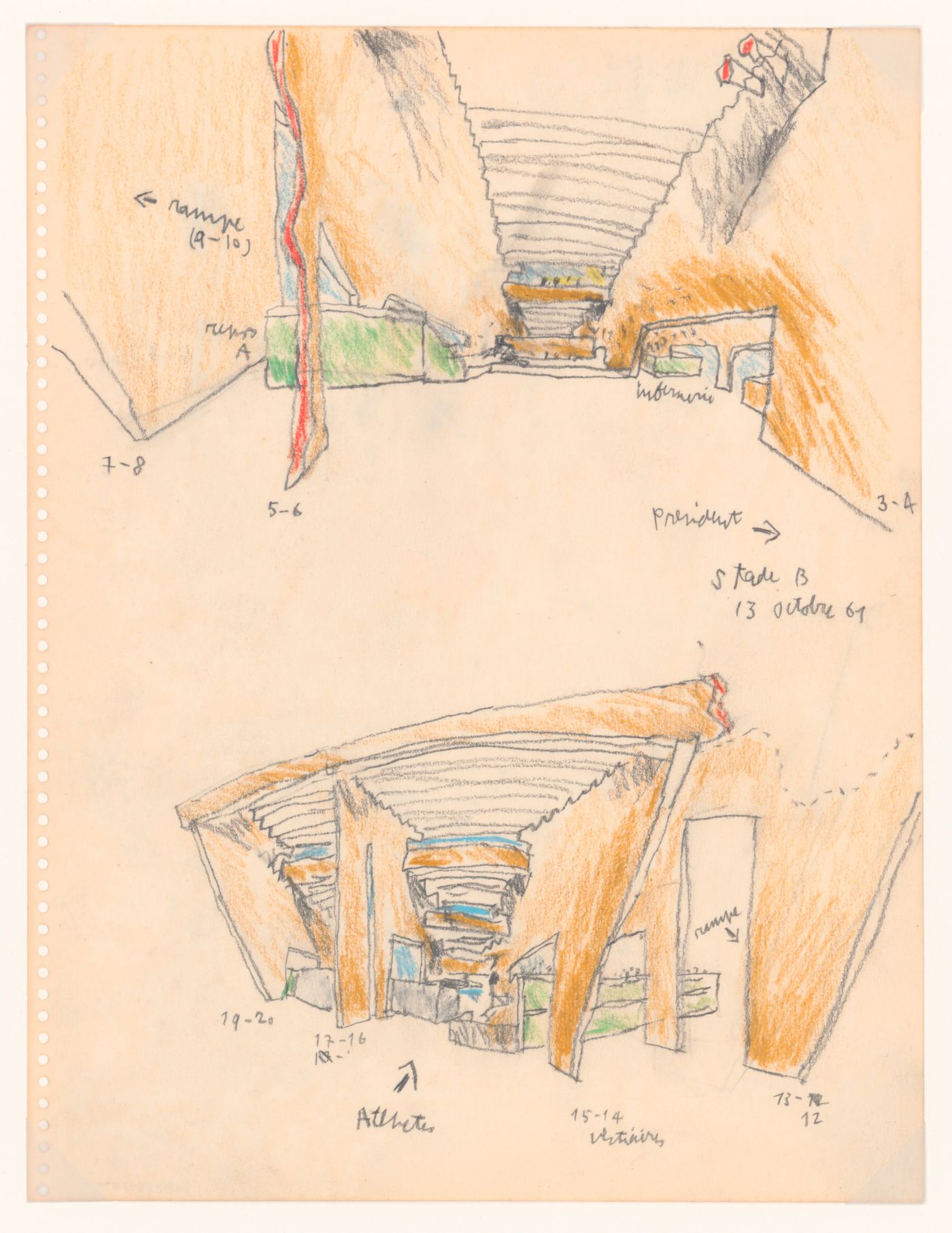 Sketches for access to the infirmary and athletes' dressing rooms, Olympic Stadium, Baghdad