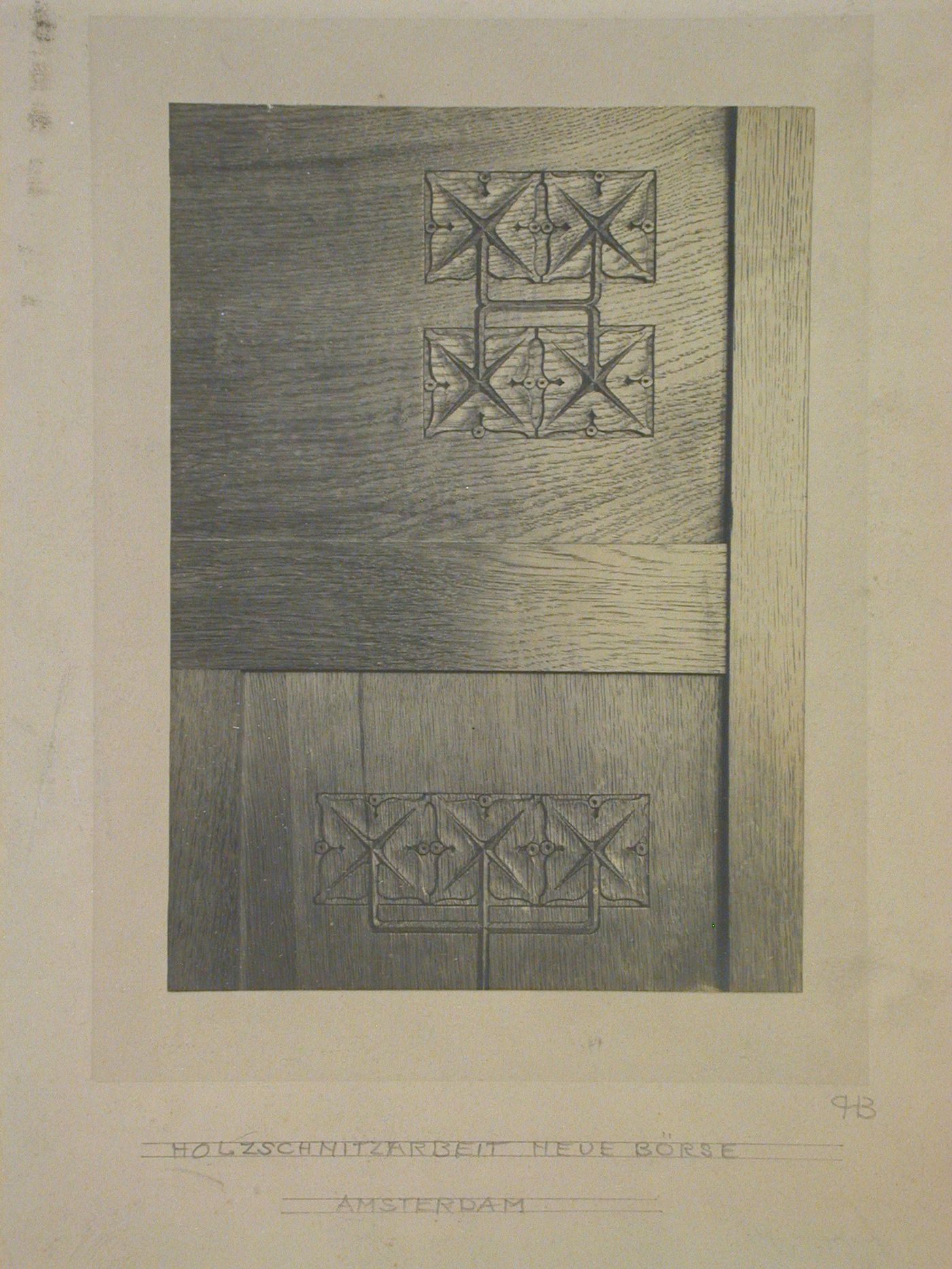 View of a carved wooden door of a built-in cabinet in the Assembly Room for the Society of Corn Merchants, Beurs [Stock Exchange] (also known as the Koopmansbeurs [Merchant Stock Exchange] or Beurs van Berlage), Amsterdam, Netherlands