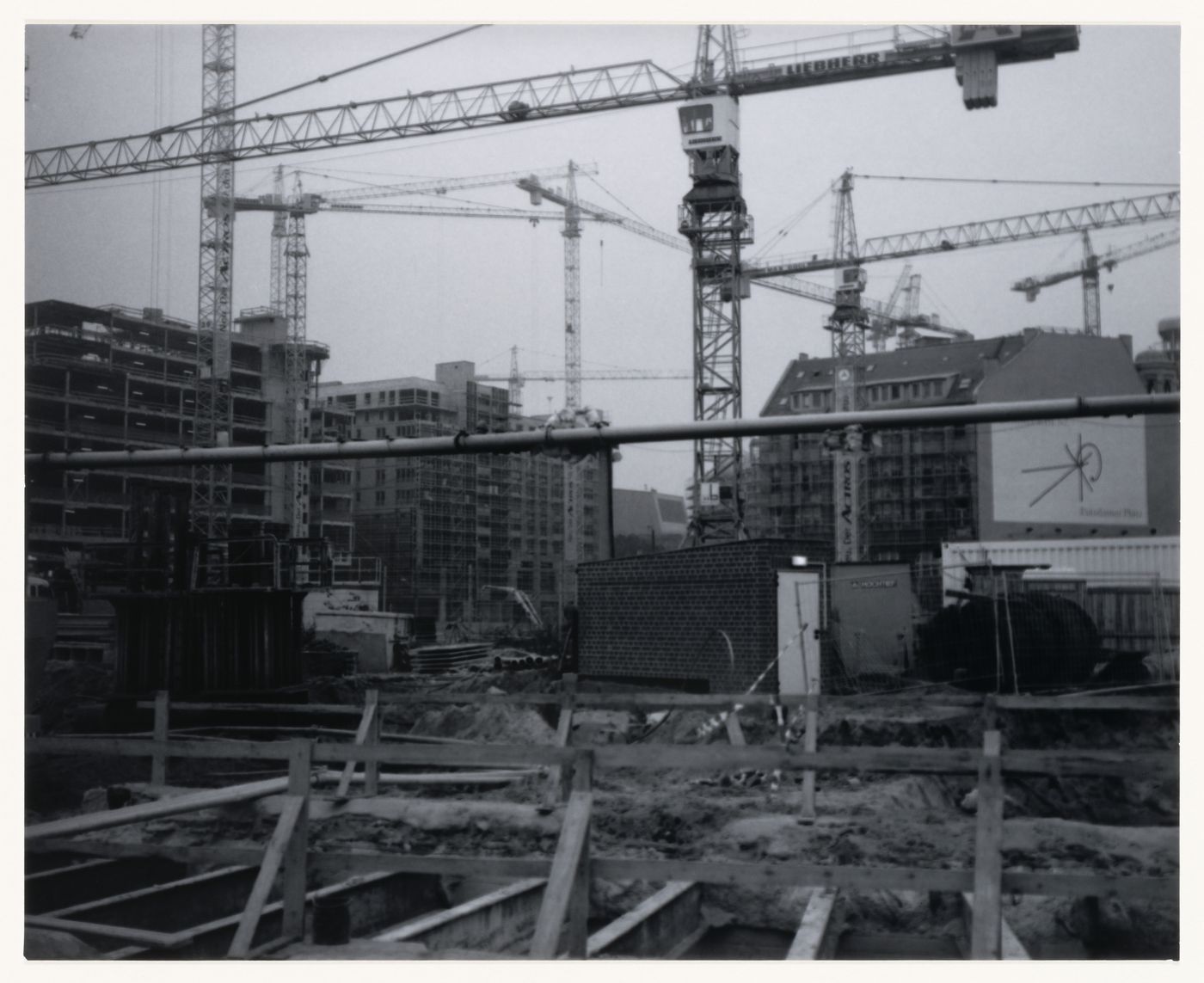 View of construction site, jib cranes and buildings, Berlin, Germany, from the artist book "The Potsdamer Project"