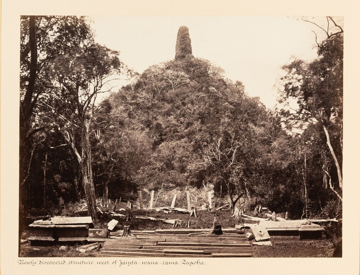 View of portico with the Jetavanaramaya in the background, Anuradhapura, Ceylon (now Sri Lanka)