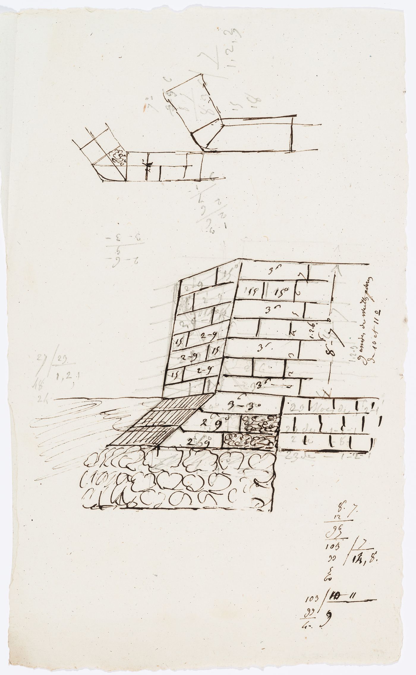 Sketch plans and axonometric drawing, possibly for a levee wall or a bridge abutment, Domaine de La Vallée