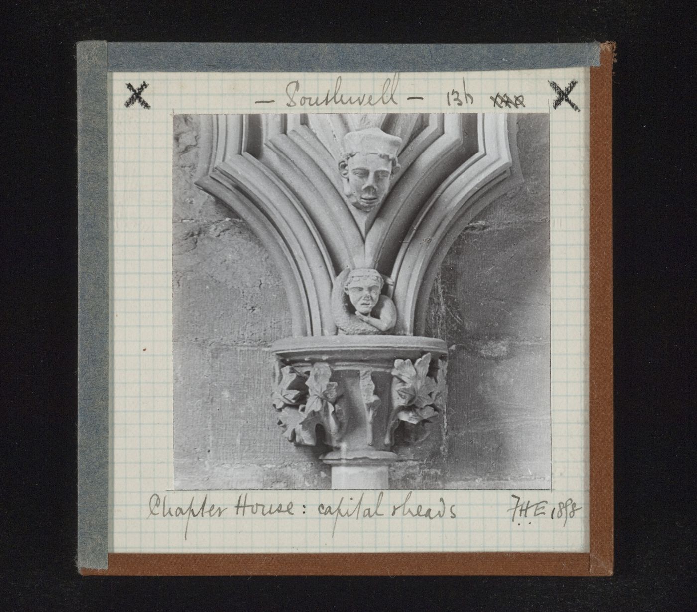 View of sculpture of head, grotesque sculpture and capital in Chapter House, Southwell Minster, Southwell, Nottinghamshire, England