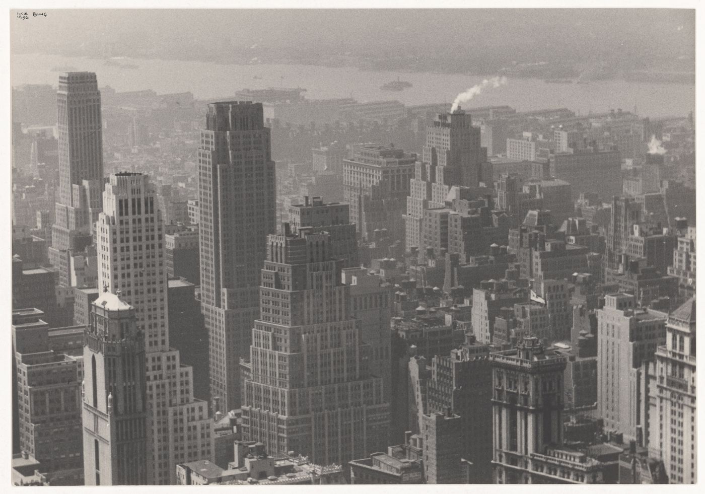 Aerial view of Manhattan showing skyscrapers and high-rise buildings with the Hudson River in the background, New York City, New York