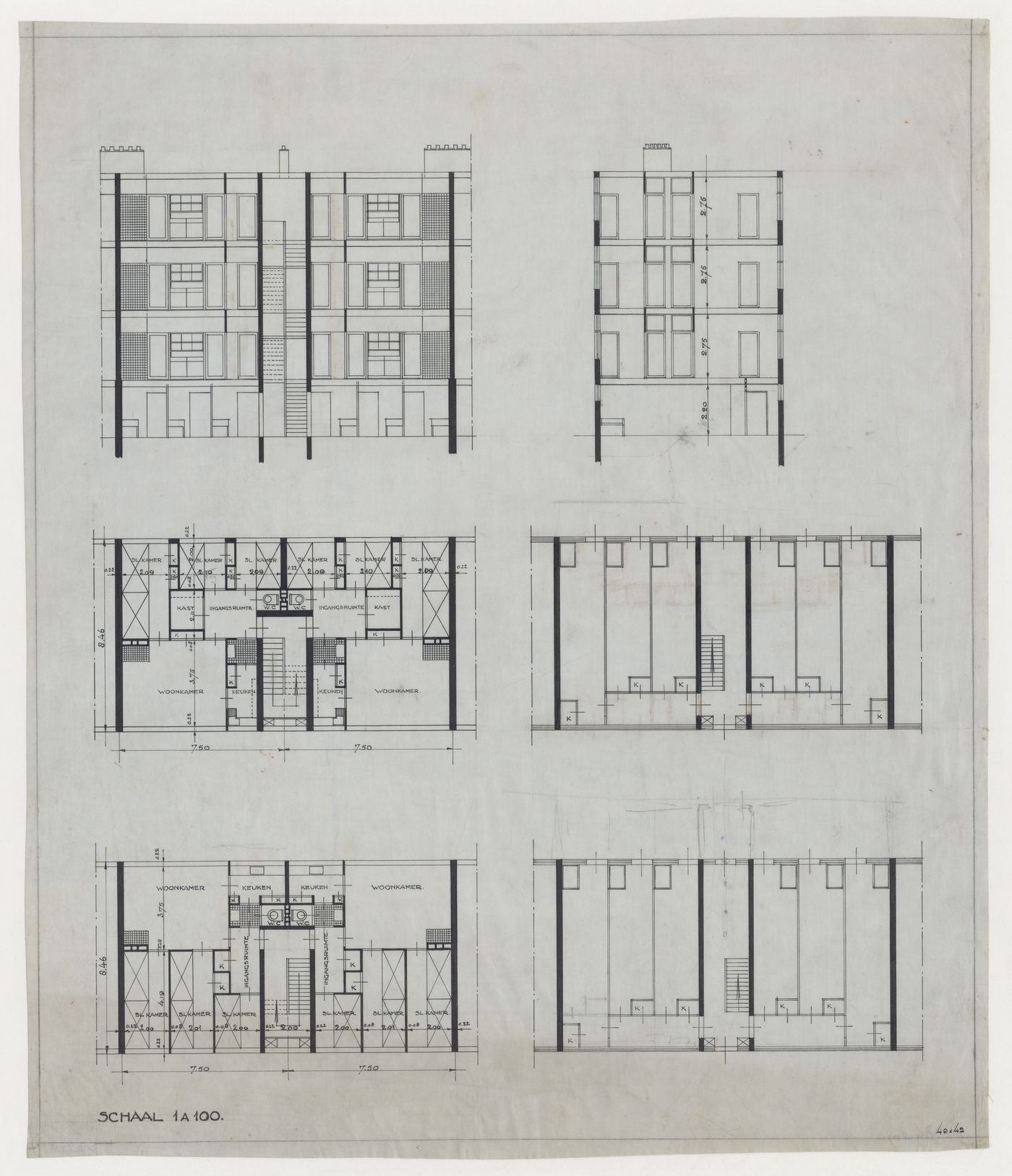 Plans and sections for two housing units for Blijdorp Workers' Housing Quarter, Rotterdam, Netherlands