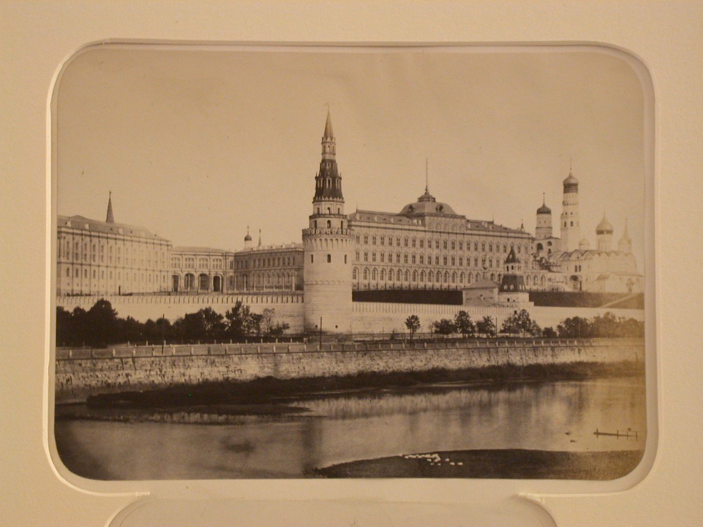 View of the Kremlin showing the Vodovzvodnaya Tower (Water-pumping Tower) and the Big Kremlin Palace from across the river, Moscow