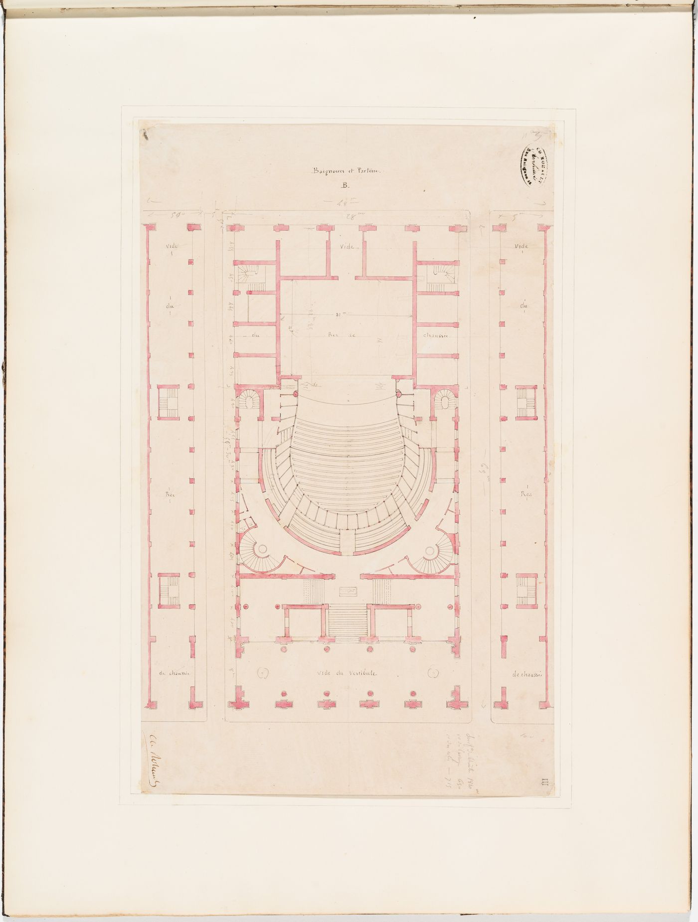 Plan for the "baignoires et parterre" for level B for the Théâtre Royal Italien, and two plans for the "vide du rez-de-chaussée" of the adjacent shopping arcades