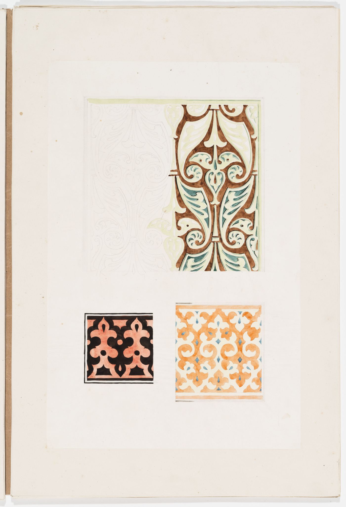 Ornament drawing of three panels decorated with foliage