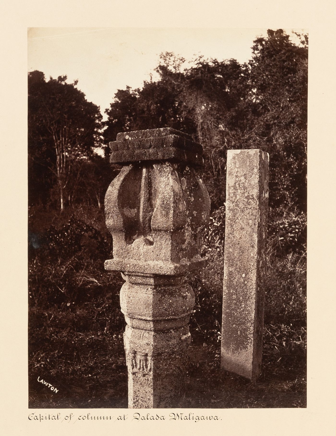 Close-up view of a capital, Temple of the Tooth (also known as the Sri Dalada Maligawa), Anuradhapura, Ceylon (now Sri Lanka)