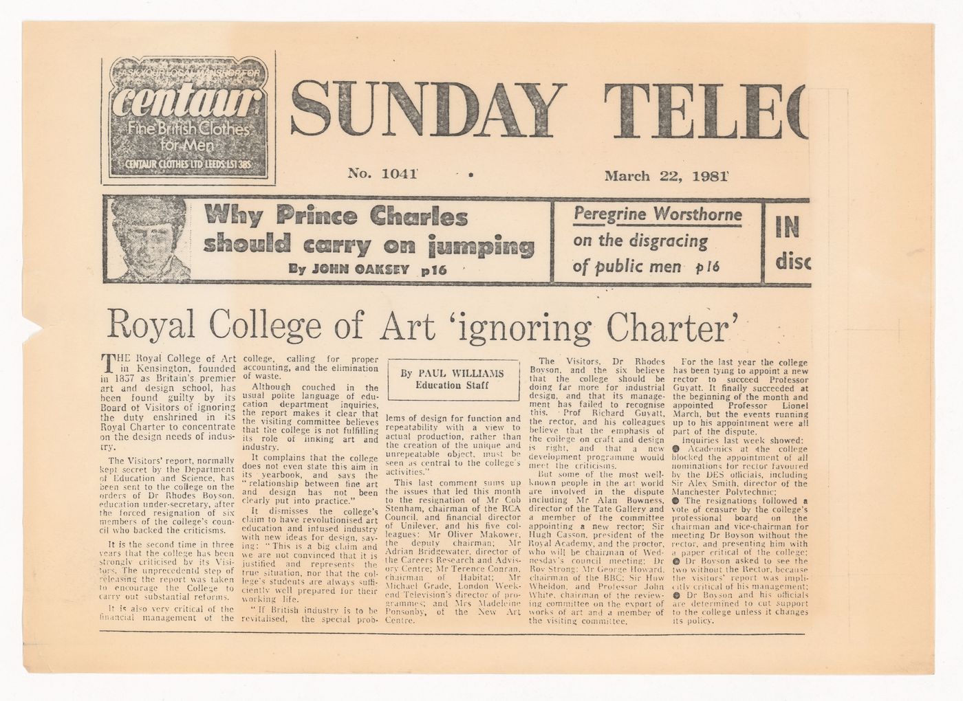 "Royal College of Art 'Ignoring Charter'", Sunday Telegraph article