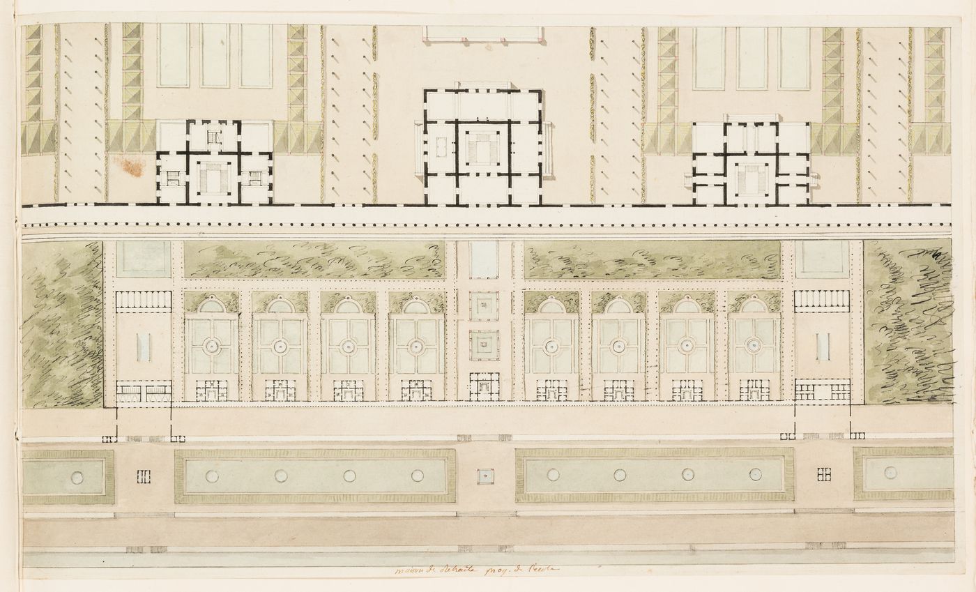 Elevation, site plan and plan for a maison de retraite; verso: Concours d'émulation, February 1801: Programme, plans, and elevations for alternate designs for a Christian basilica