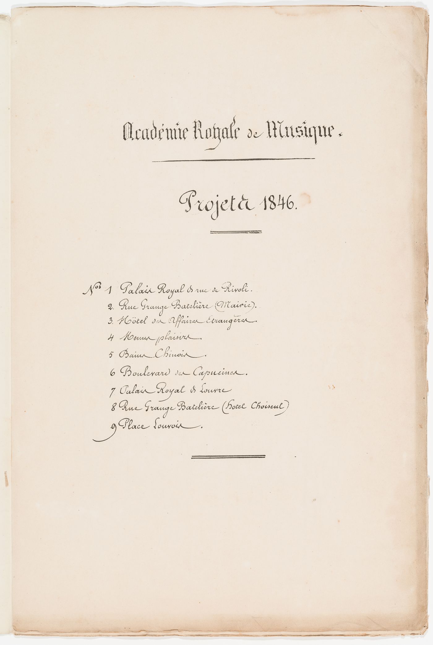 Table of contents listing 9 possible locations for an opera house for the Académie royale de musique; verso: Project no. 9: Site plan for an opera house for the Académie royale de musique, place Louvois