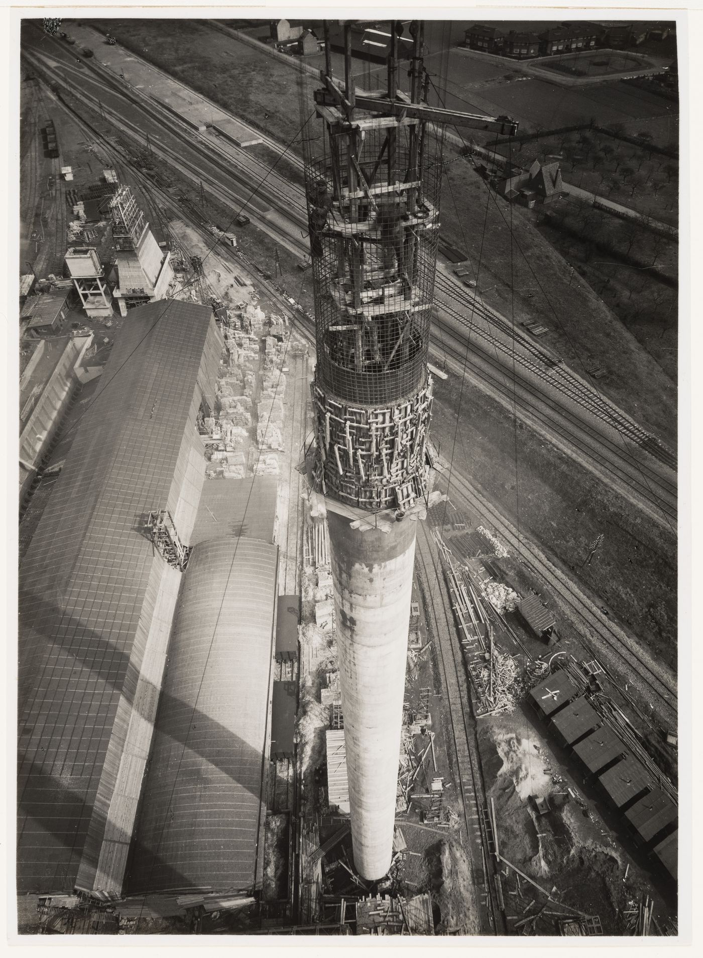 View from above of construction of large tower or smokestack