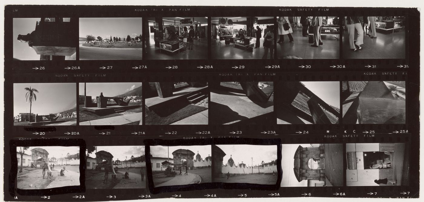 Part of contact sheet with images of street scenes and people in Ecuador, including bronze monument of aviation pioneer Pedro Traversari Infante at the former Mariscal Sucre International Airport, people shopping inside the airport terminal, and unidentified historical building with a large gate, Quito, Ecuador