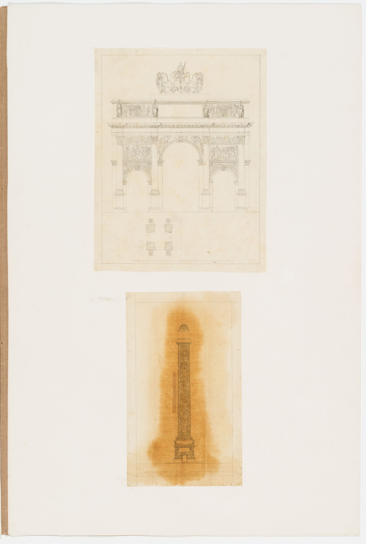 Elevation of the Arc du Carrousel, Paris, with a partial ground plan showing the left half of the monument; Elevation of the Vendome Column, Paris, showing the continuous spiral of low-relief sculpture