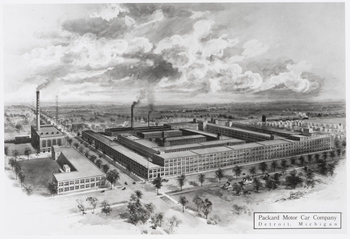 Photograph of a bird's-eye perspective drawing for the Packard Motor Car Company Assembly Plant (now abandoned), East Grand Boulevard, Detroit, Michigan