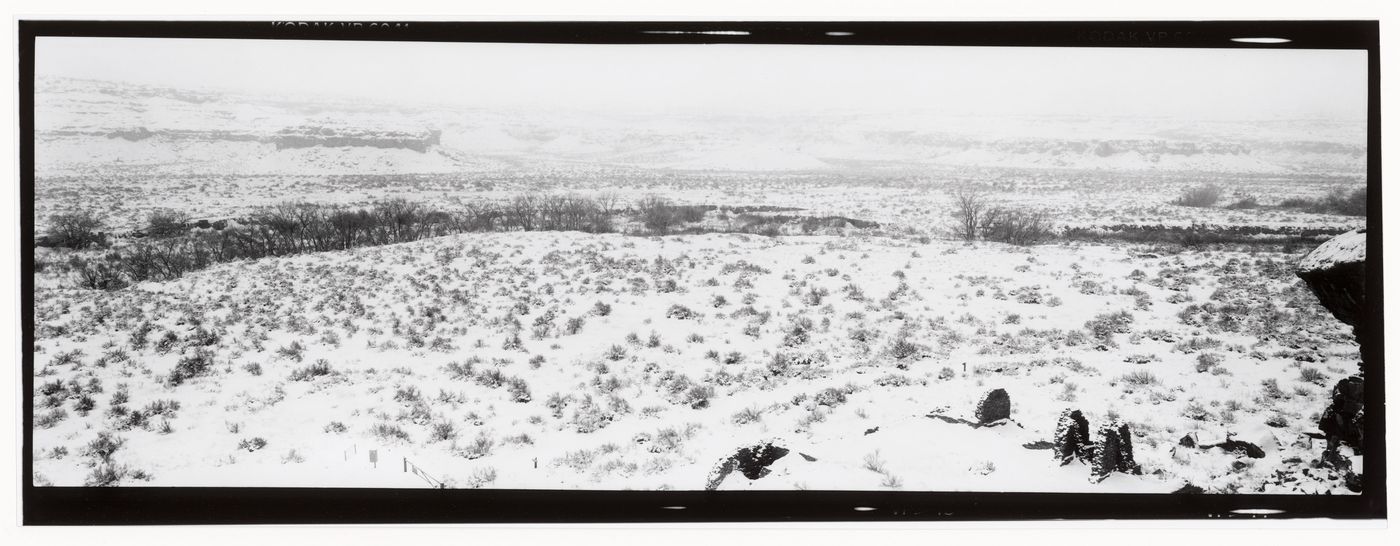 Panoramic view of a snow covered Chaco Canyon taken from North Mesa, showing the Chaco Wash and with ruins of Casa Chiquita in the foreground, Chaco Canyon, New Mexico, United States