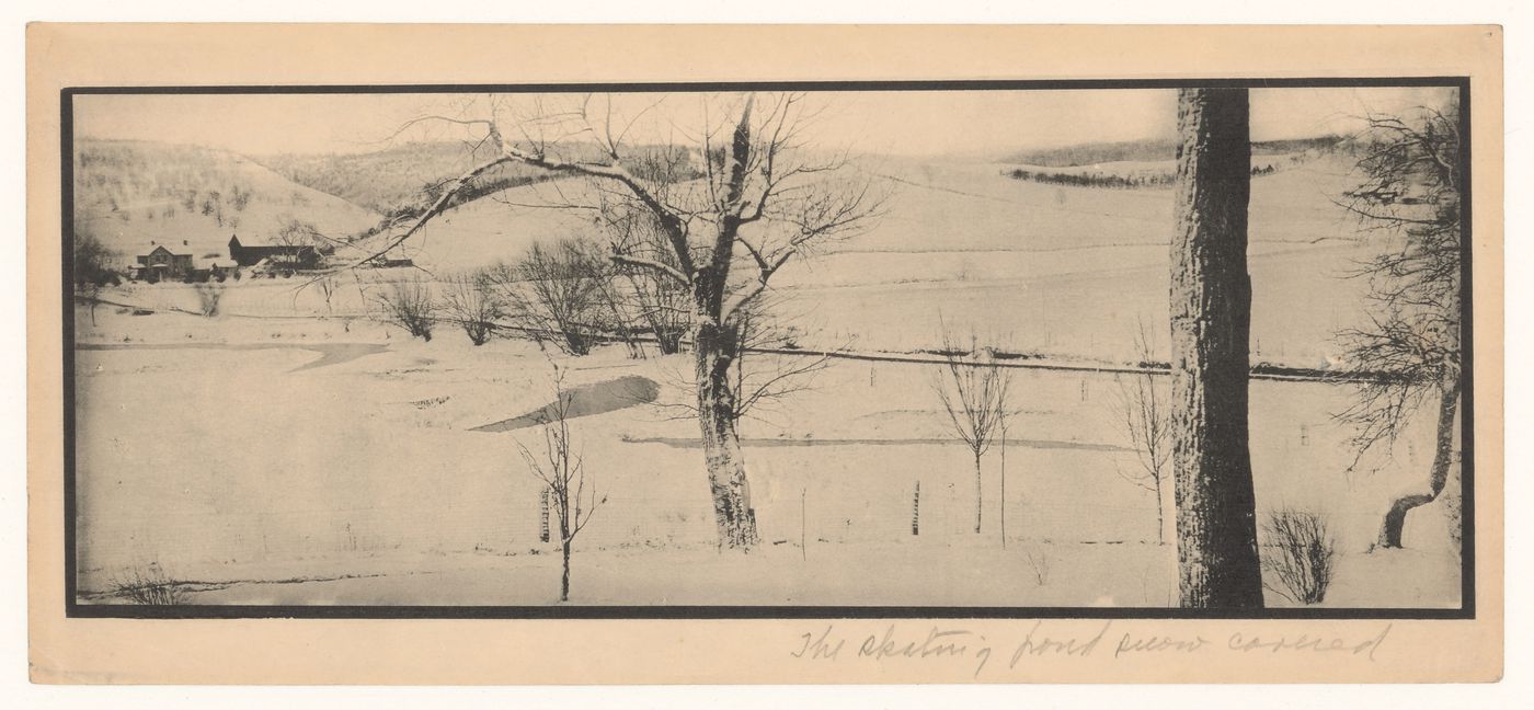 Skating Pond, Snow Covered. Panoramic landscape view taken around the Hillside Home School, Spring Green, Wisconsin