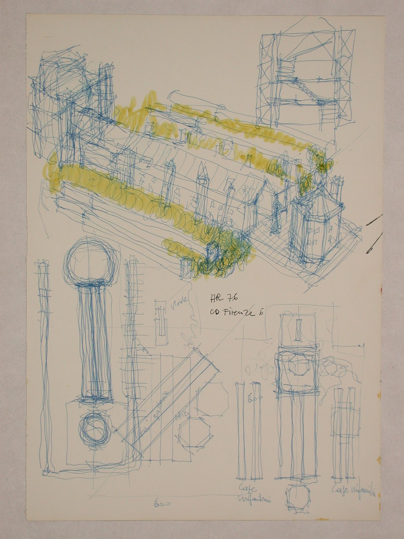 Sketch plans, sketch sections and perspective sketch for Centro Direzionale, Florence