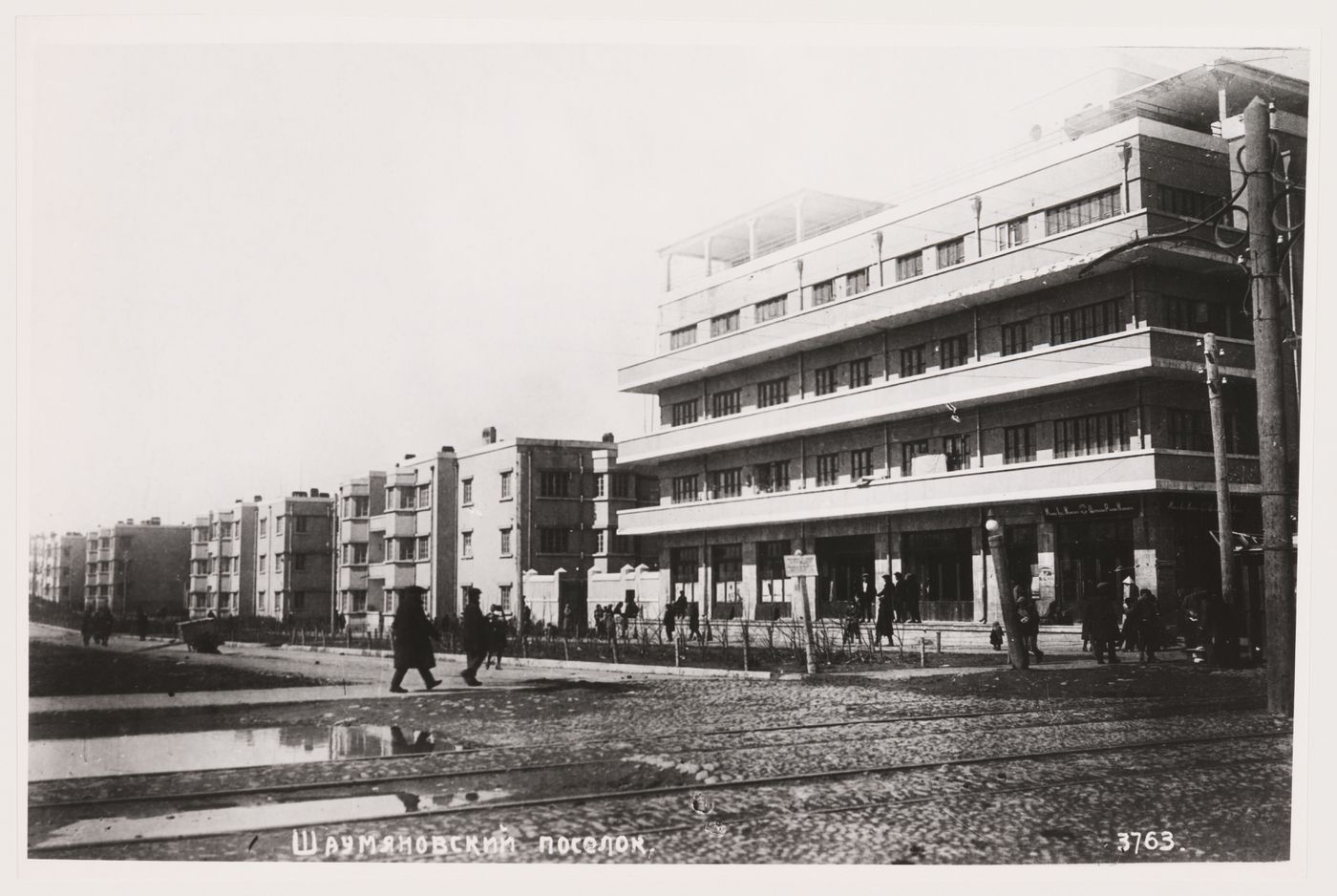 View of a street with housing in the background and a dormitory in the foreground, Armenikend (Shaumian) settlement, Baku, Soviet Union (now in Azerbaijan)