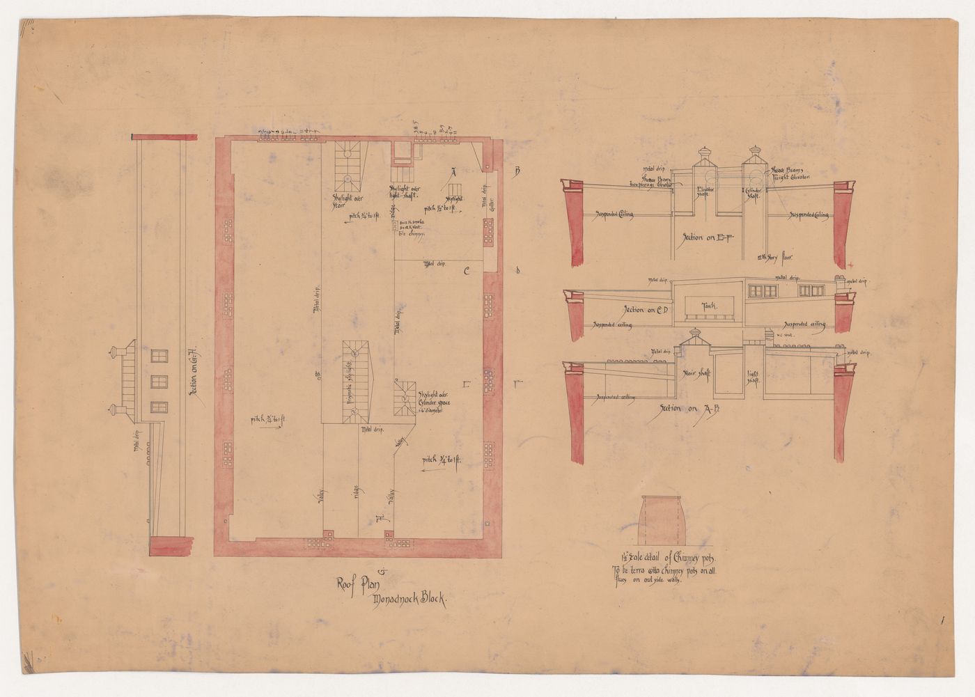 Monadnock Block, Chicago: Roof plan and sections with elevation detail for the chimney pots