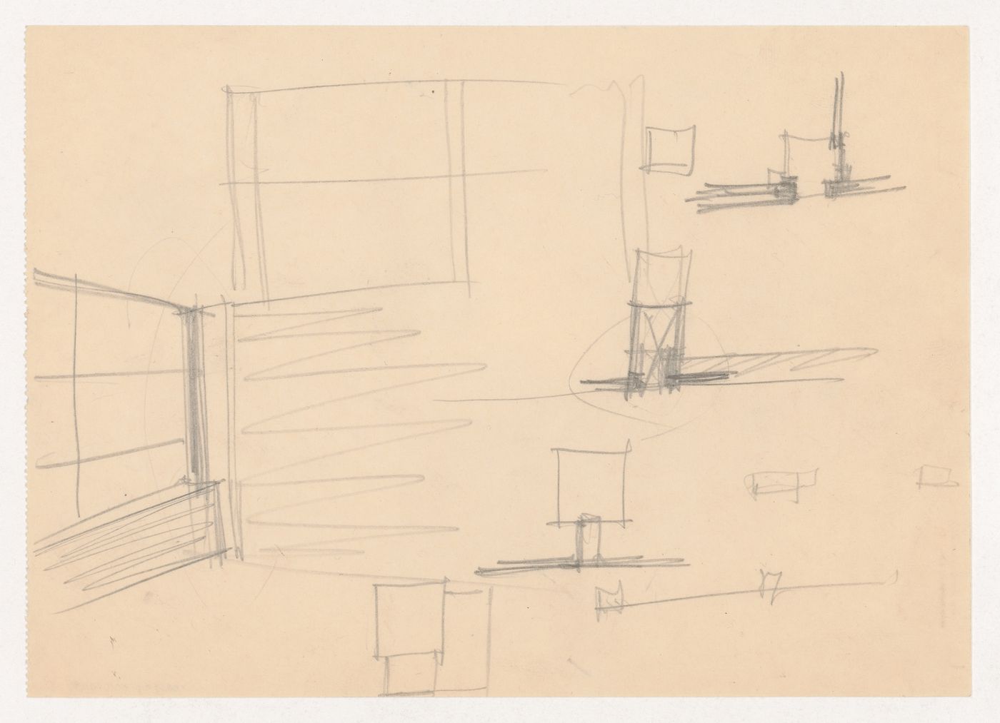 Interior perspective sketch, partial sketch elevation for window glazing, and sketch sectional details for the Metallurgy Building, Illinois Institute of Technology, Chicago