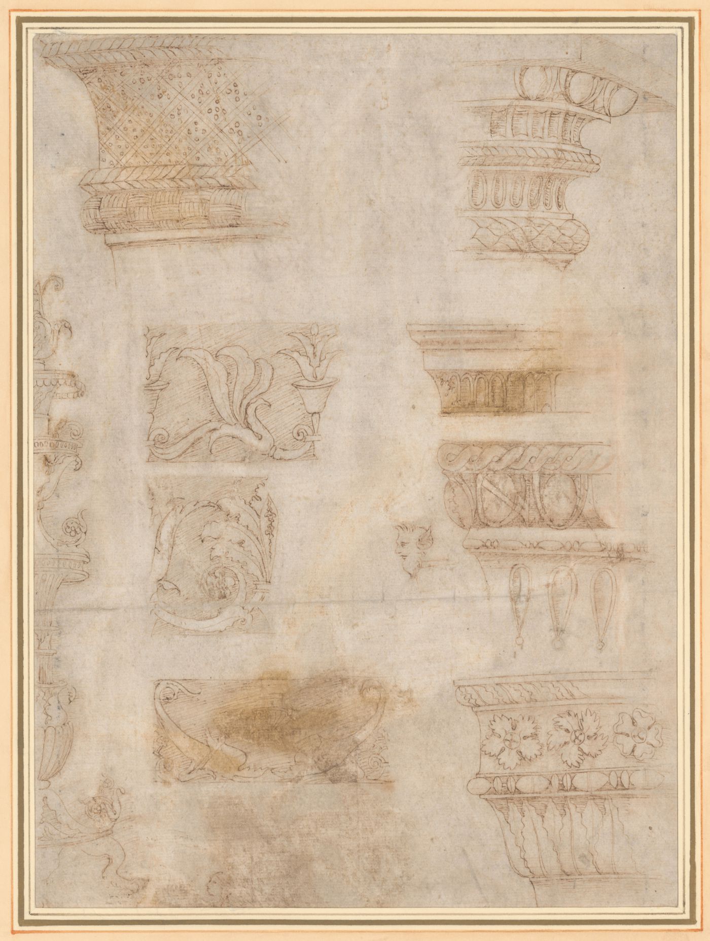 Designs after the antique of a candelabra, roman capitals, and floral frieze; verso: Two frieze designs