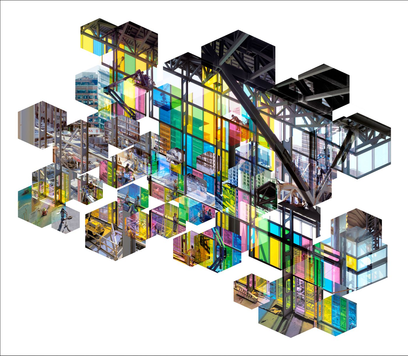 Photomontage showing partial views of the construction of the Palais des Congrès, Montréal, Québec, Canada