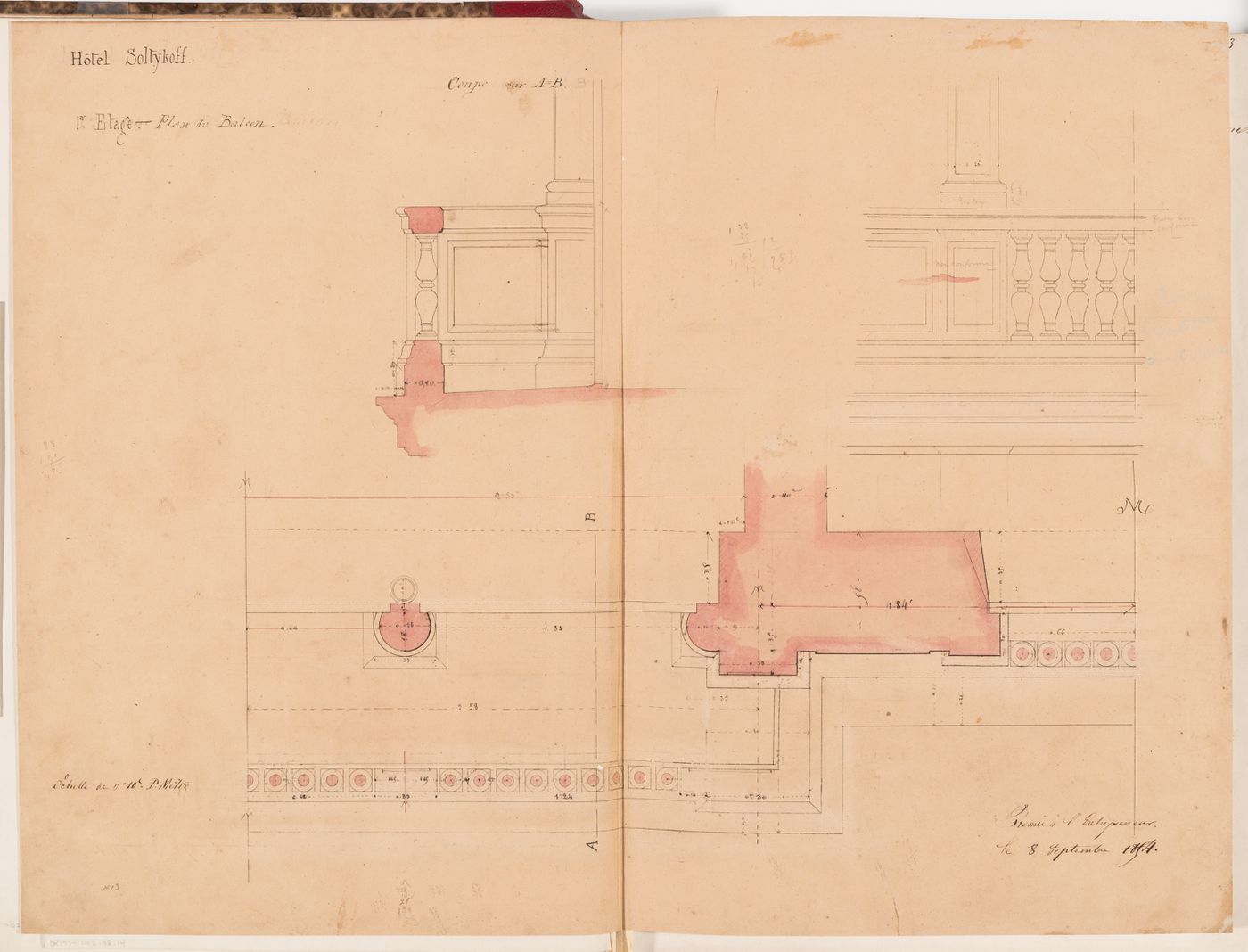 Section, partial elevation and half plan for the first floor balcony, Hôtel Soltykoff